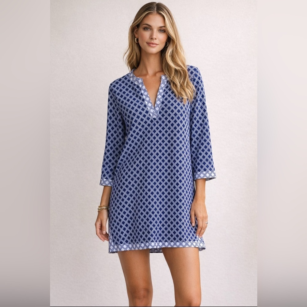 Aqua Et Sol Blue Geometric Swim Cover-Up Dress.  Size-Large.  Coastal Chic